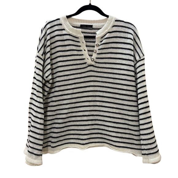Shein Black White Striped Button Front Sweater Women’s M Soft Knit Pullover - Picture 1 of 6